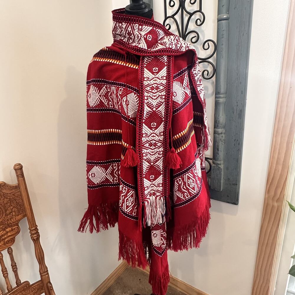 Aztec Wool Blend Poncho Cape Shawl Fringe Tassels Red & White Fish Boho Design